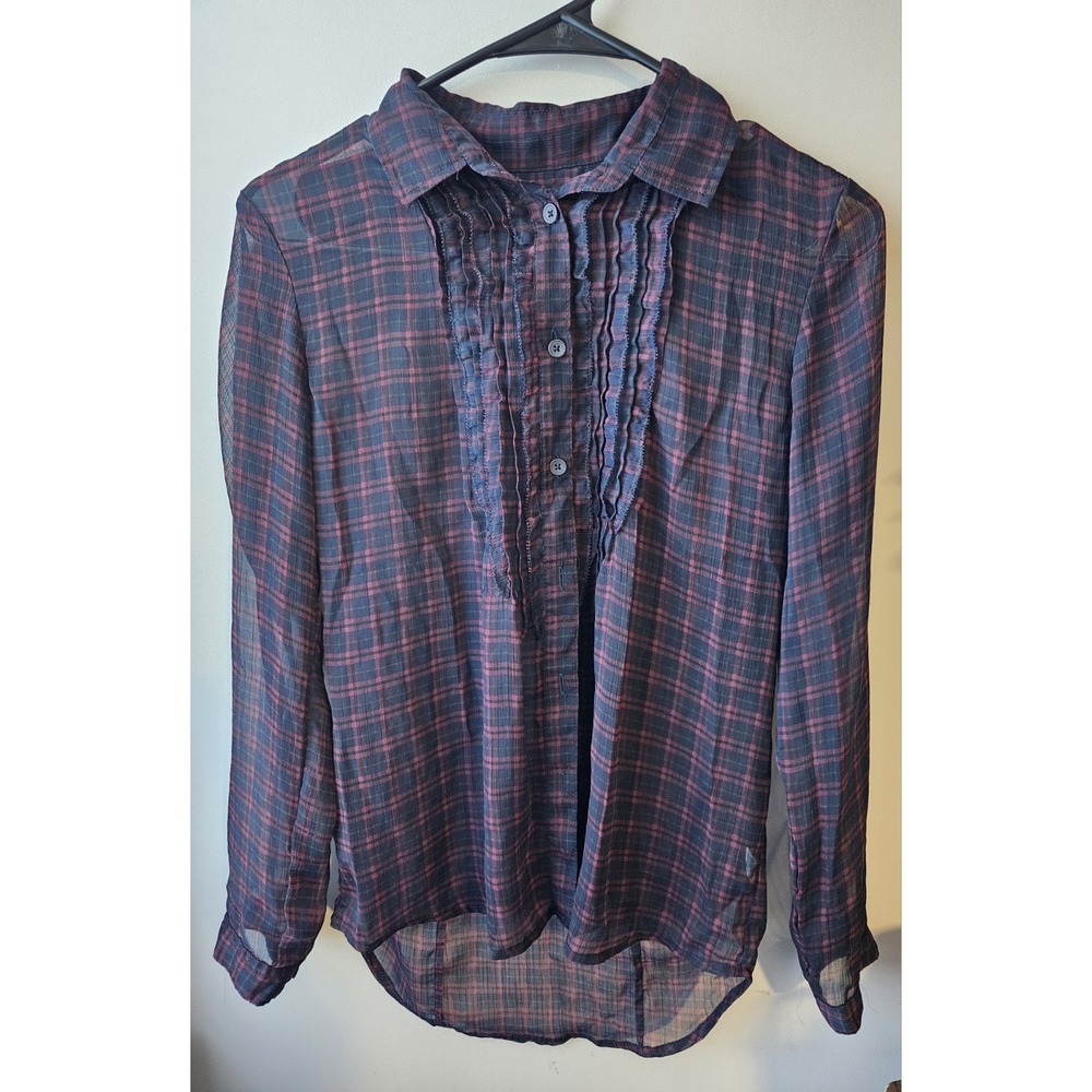 American Eagle Favorite Fit Plaid Ruffle Front Semi Sheer Blouse Women's S P